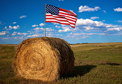 American flag in bale of hay in farm field